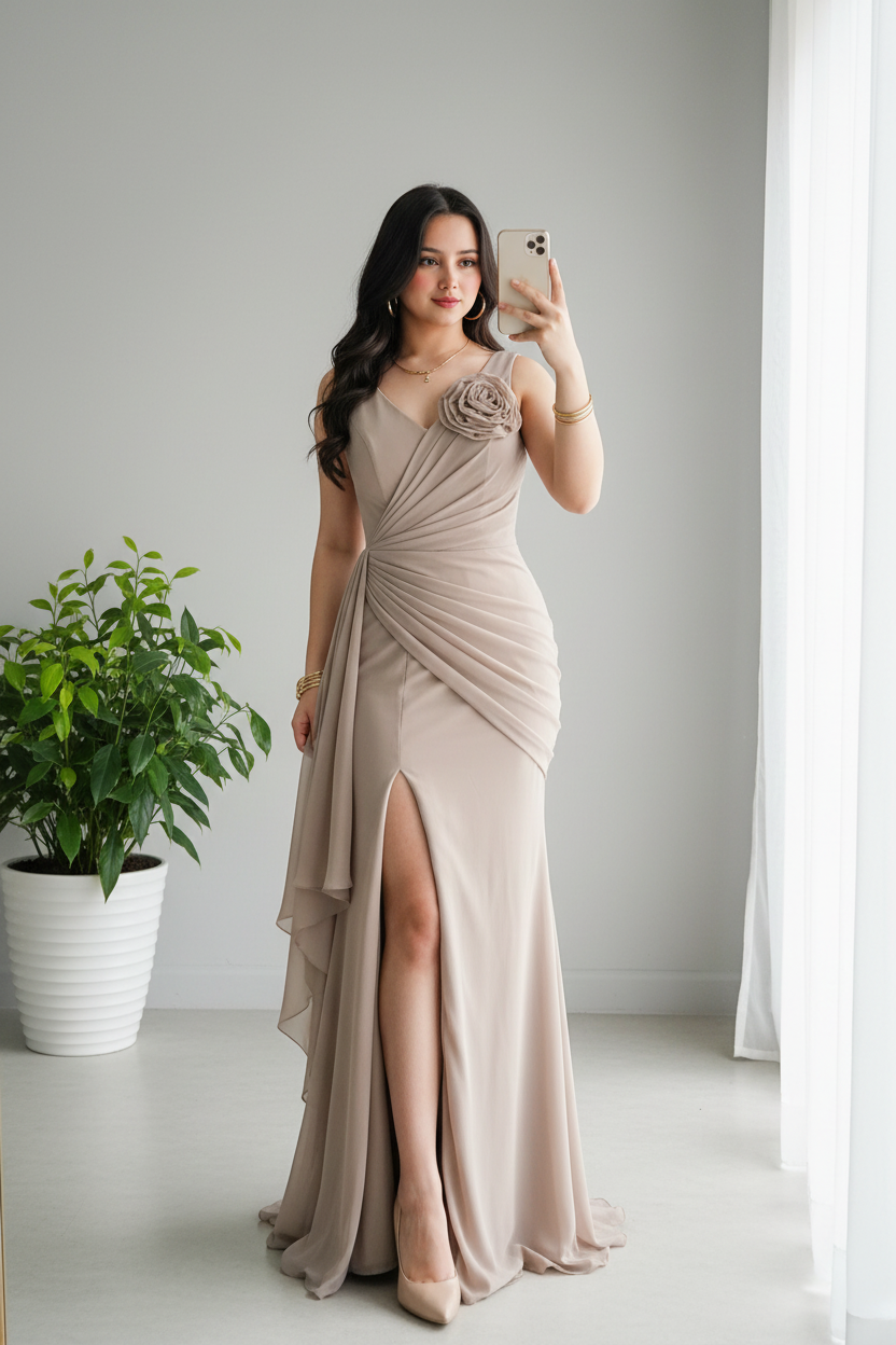 Vestido Nude Beige Sin Mangas con Rosa 3D y Volantes en Gasa cod.972