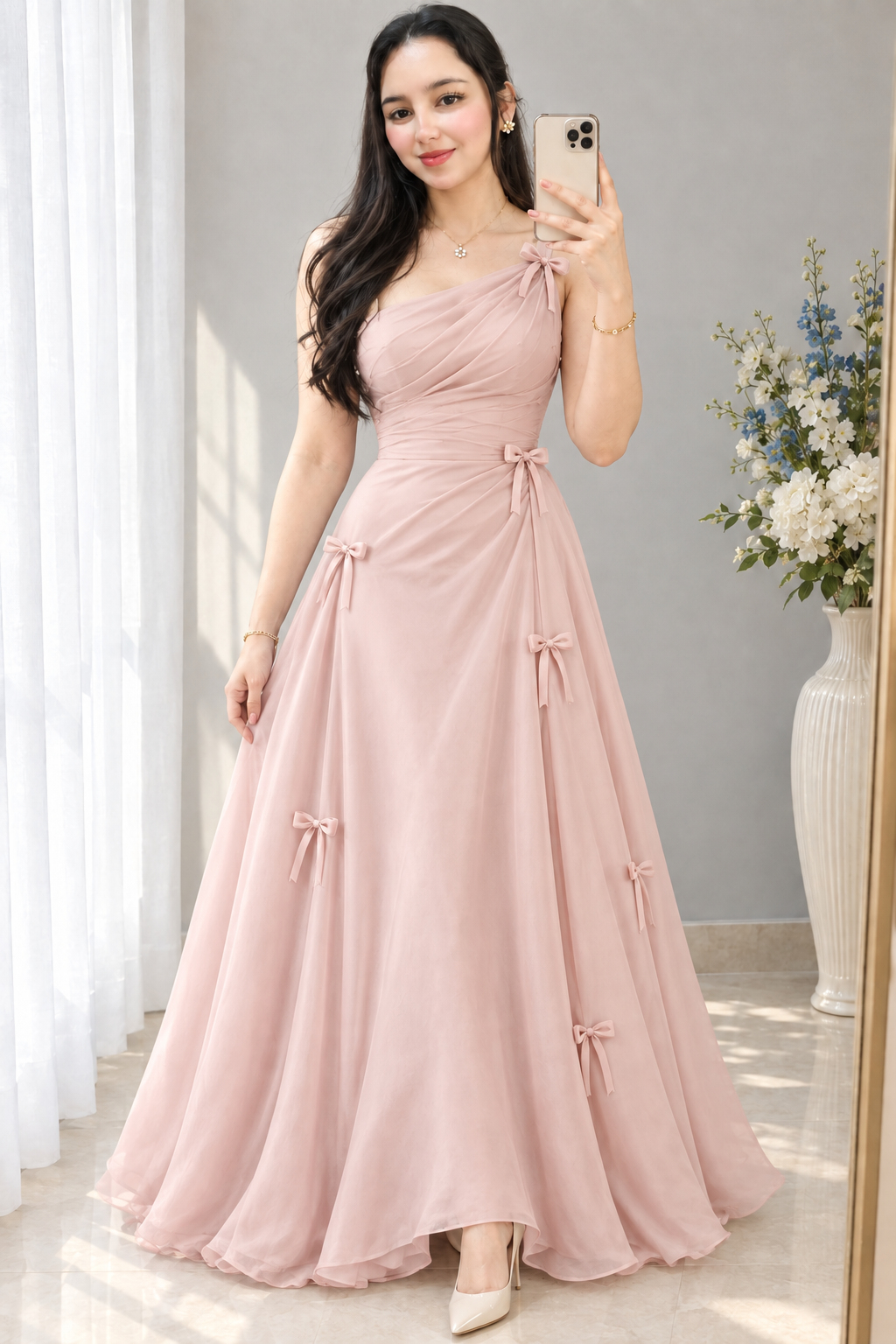 Vestido rosa palo de un hombro drapeado con lazos cod. VC005