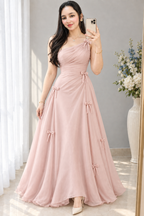 Vestido rosa palo de un hombro drapeado con lazos cod. VC005