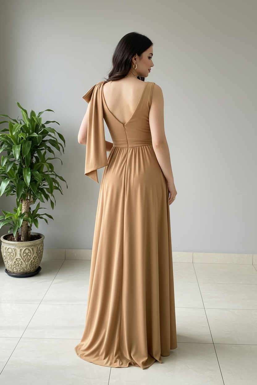 Vestido Camel con Escote V Cruzado, Lazo Mariposa y Abertura Lateral cod.378
