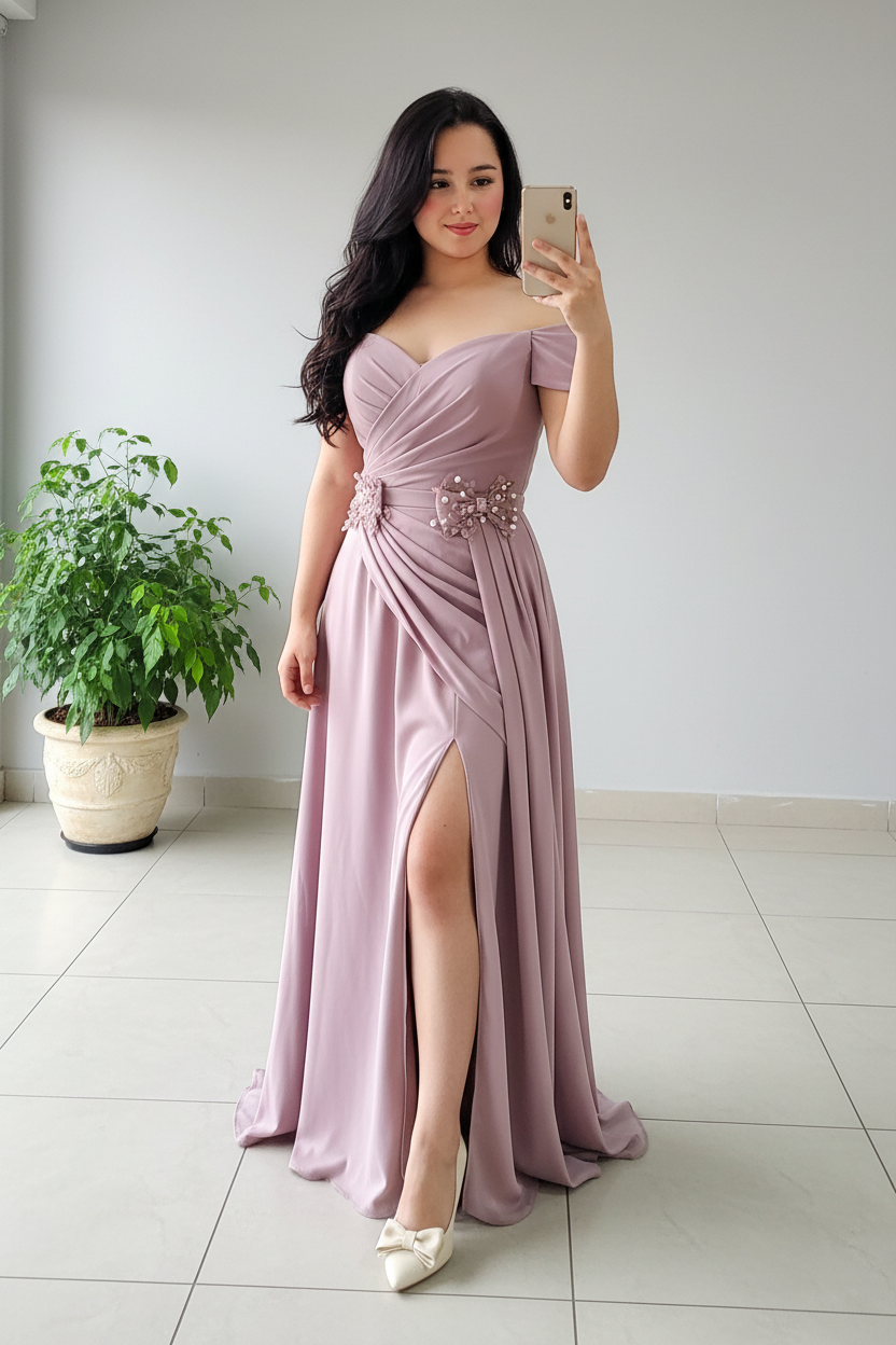 Vestido Largo Rosa Palo Off-Shoulder Escote Corazón con Apliques Florales de Perlas y Abertura cod.486