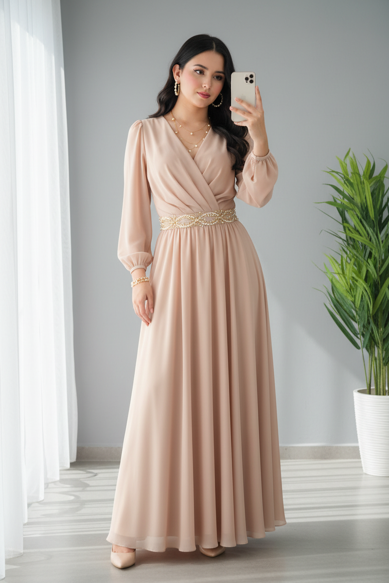 Vestido Largo Nude Manga Larga cod.706