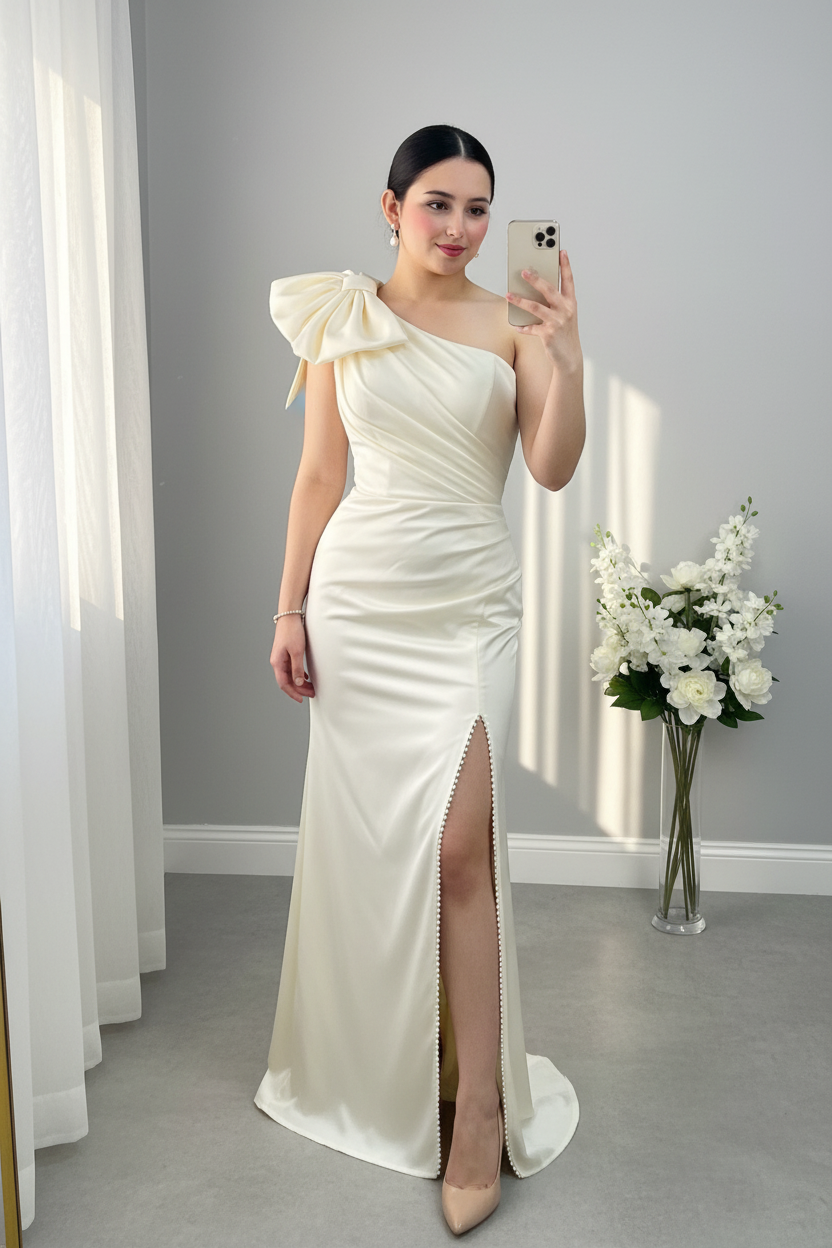 Vestido Largo Ivory Satín Un Hombro con Moño y Abertura con Perlas cod.V9469