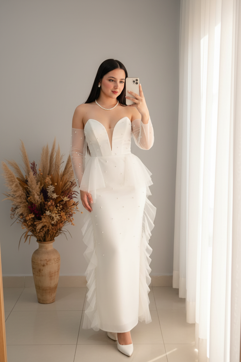 Vestido Novia Blanco | Manga Ilusión Tul y Volantes Cascada cod.V445