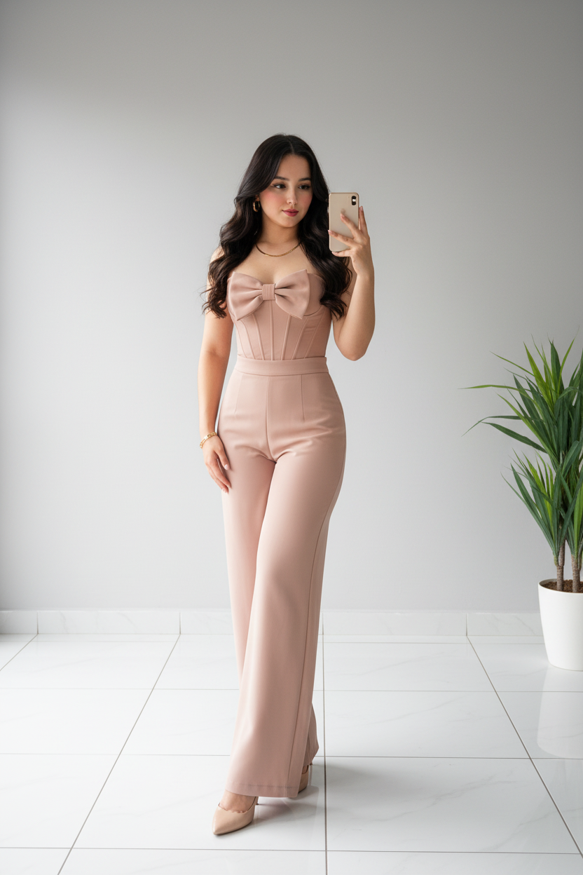 Conjunto Rosa Nude Corset con Lazo 3D y Pantalón Acampanado cod.657