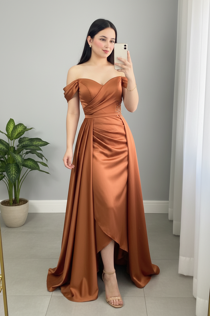Vestido Terracota Cobre Off-Shoulder Satén Drapeado Perlas Cola Asimétrica cod.V0067