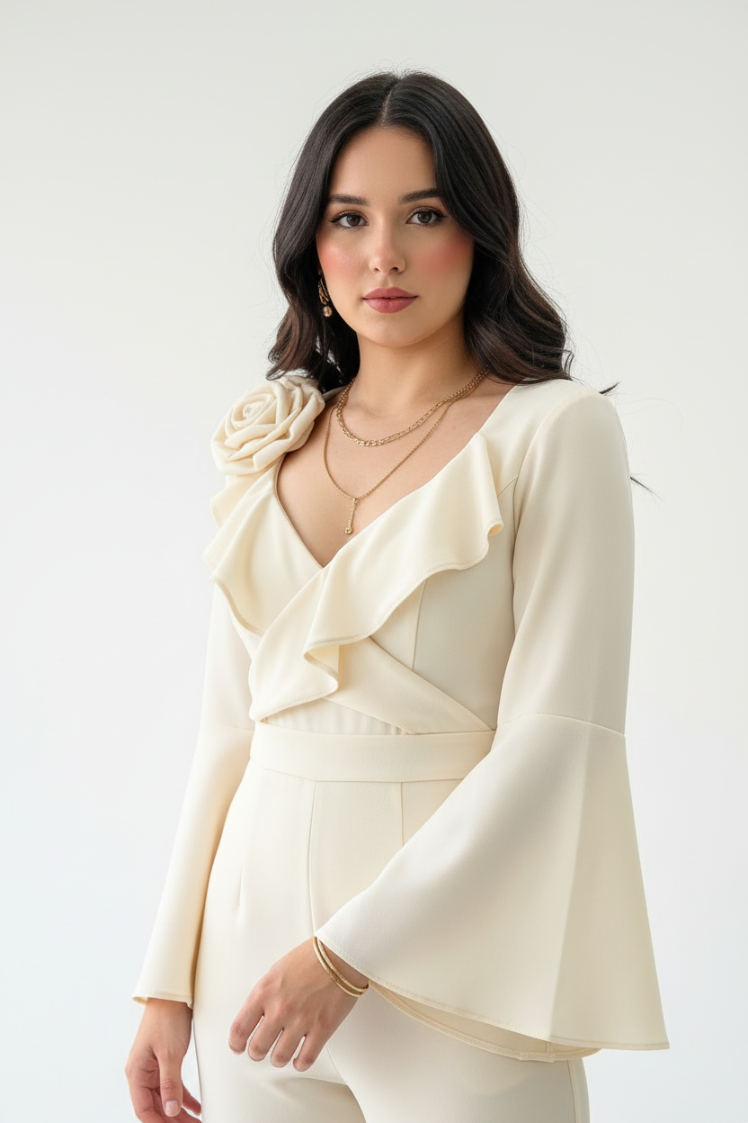Enterizo Elegante Blanco Marfil con Rosa 3D y Volantes - Mangas Campana Sofisticado cod.348