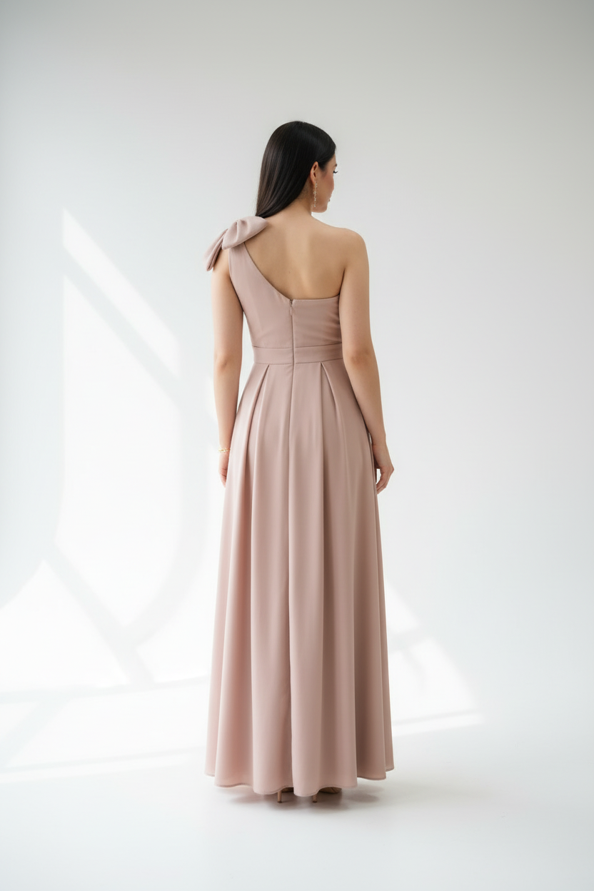 Vestido de Gala Rosa Nude con Moño y Drapeado - Elegante One Shoulder Largo cod.344