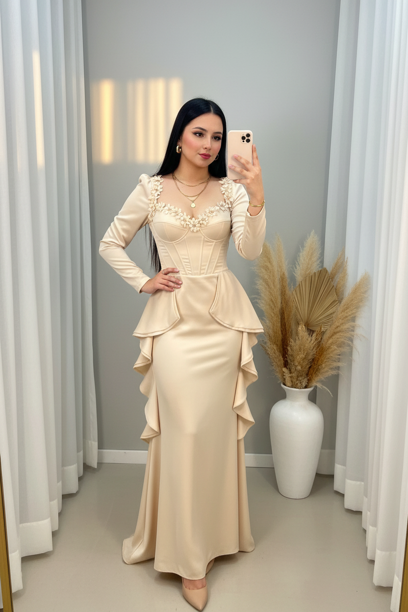 Vestido Champagne Satinado Corset Flores D cod.00170