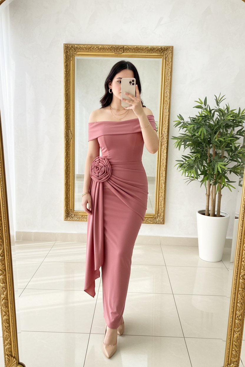 Vestido Lápiz Rosa Palo Off-Shoulder con Rosa 3D y Drapeado en Cascada cod.426