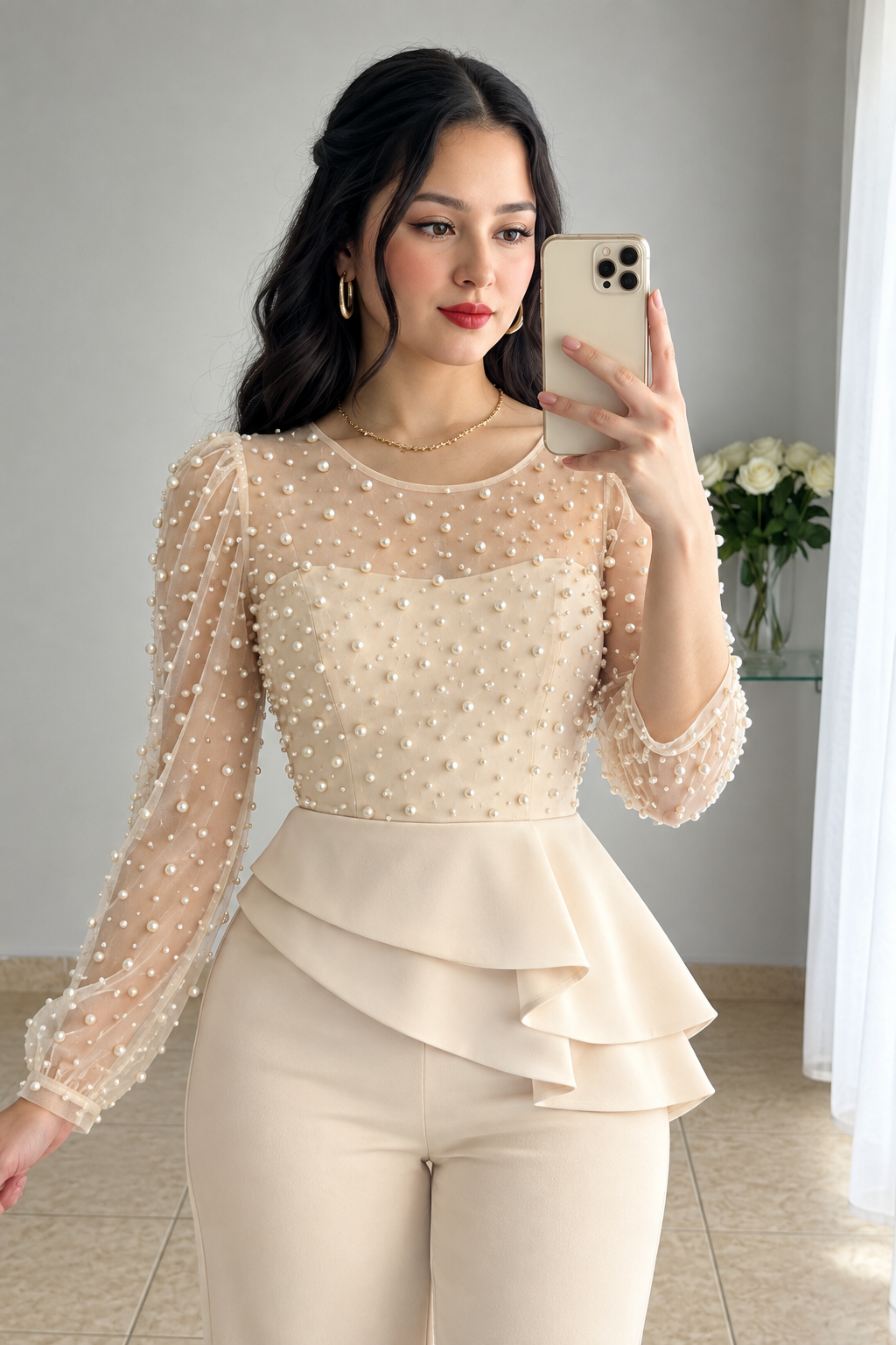 Conjunto Cream Top Tul Perlas Manga Larga Peplum + Pantalón Recto cod.CJ001