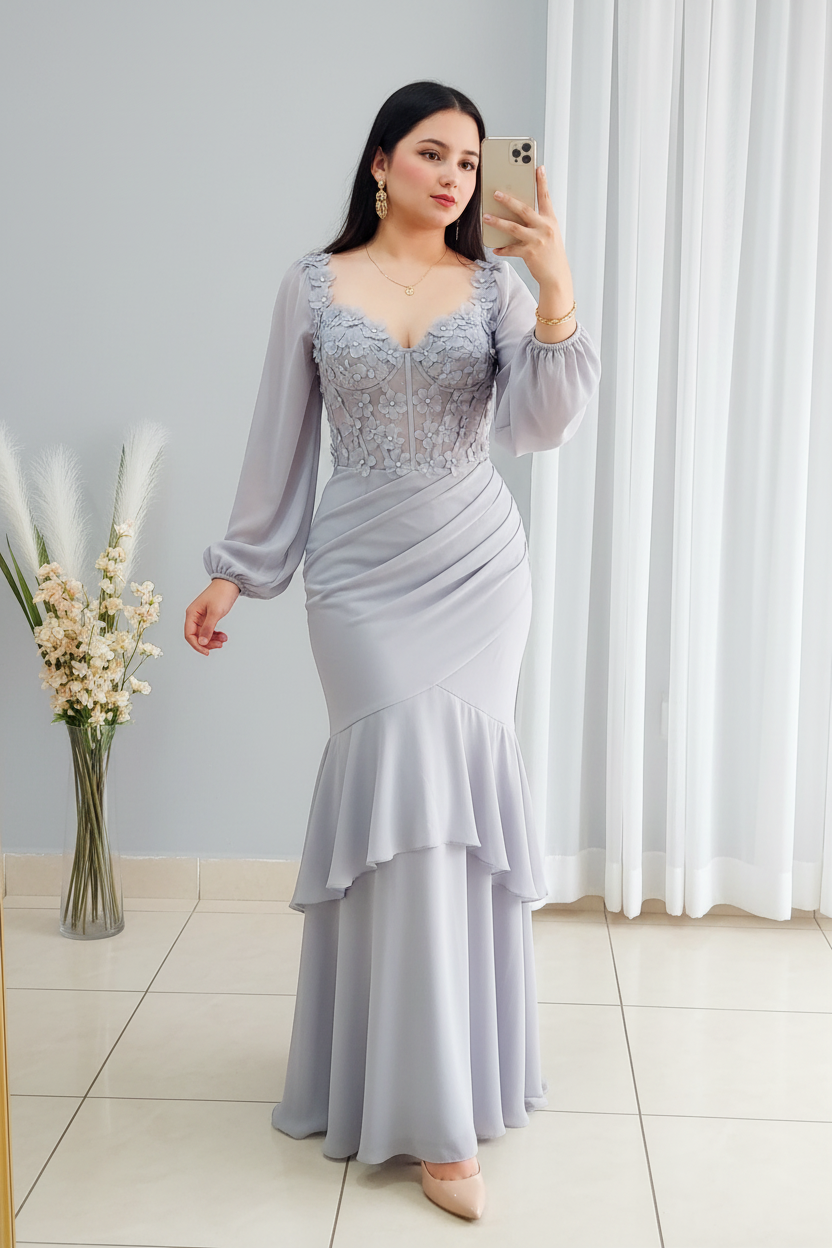 Vestido Gris Plateado Manga Larga Corset con Encaje y Doble Volante cod.V540