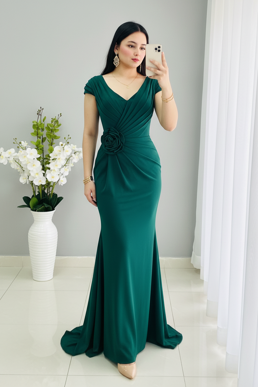 Vestido Sirena Verde Esmeralda | V-Neck Manga Casquillo con Rosa D cod.502