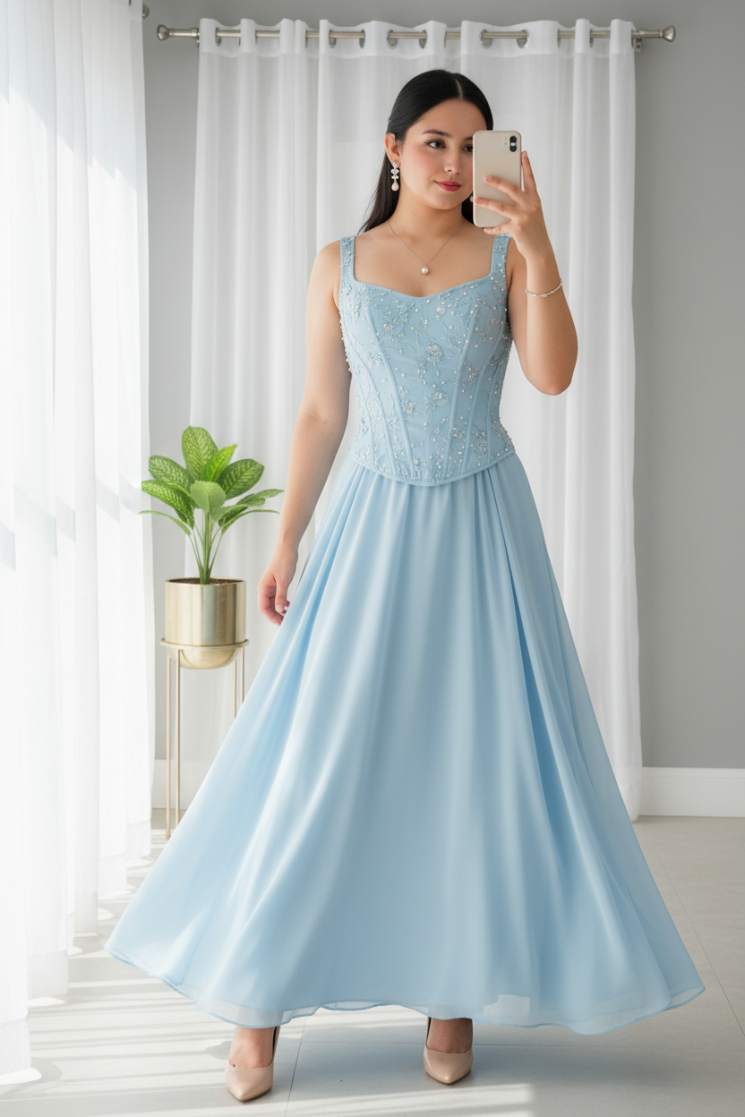 Vestido celeste azul cielo corset con pedrería y falda chiffon maxi