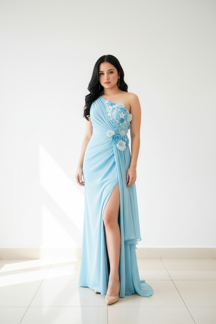 Vestido Largo Azul Cielo Un Hombro con Flores 3D y Abertura Frontal cod.477