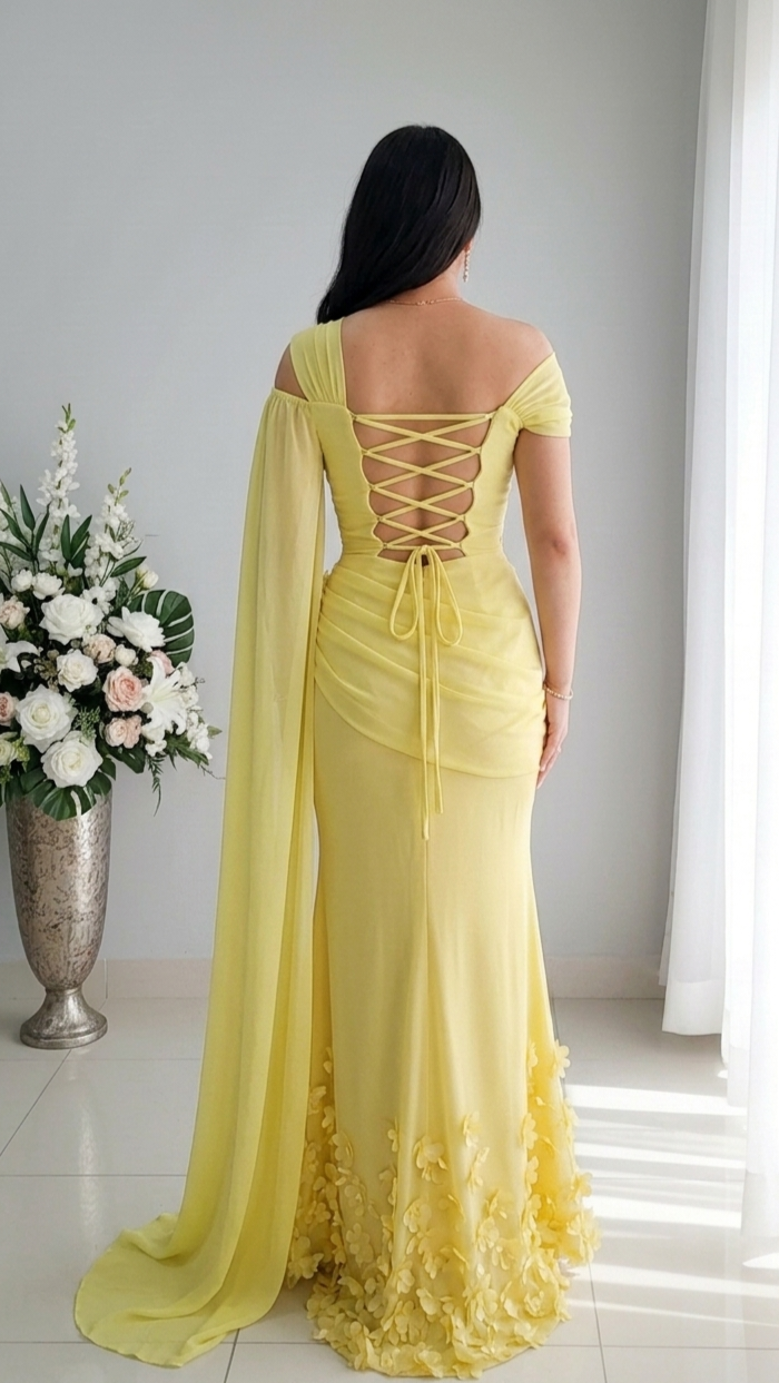 Vestido Amarillo Sirena Off-Shoulder Flores 3D Cape Manga cod.V561