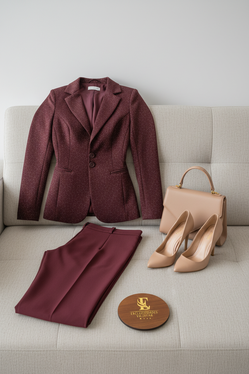 Conjunto Ejecutivo Borgoña con Glitter Dorado Blazer y Pantalón Slim cod.442
