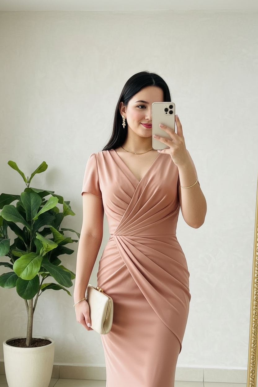 Vestido Sirena Rosa Palo con Drapeado Radial en Abanico. Cod.429