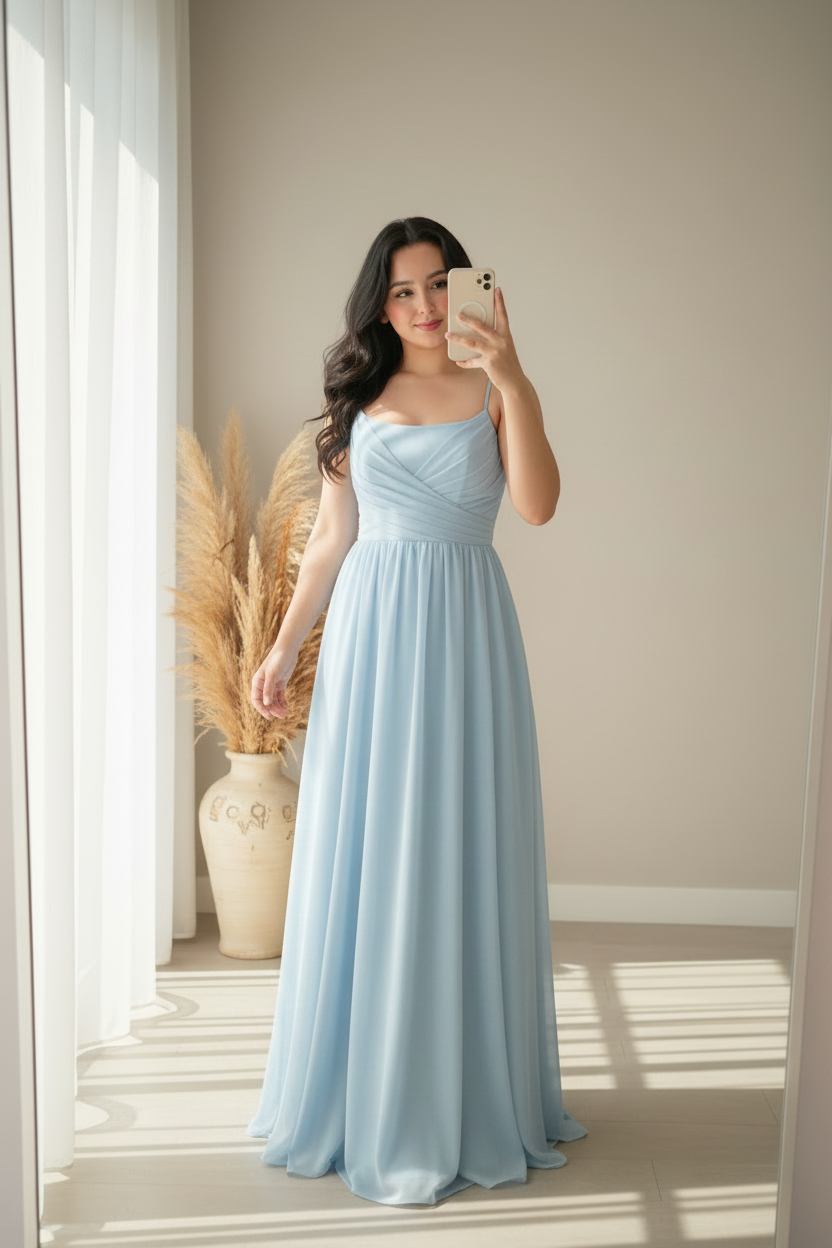 Vestido Azul Cielo Chifón A-Line con Tirantes y Cuerpo Drapeado cod.0079