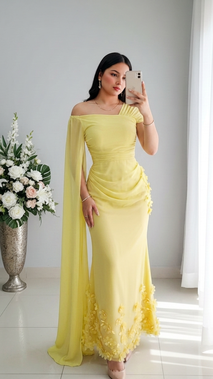 Vestido Amarillo Sirena Off-Shoulder Flores 3D Cape Manga cod.V561