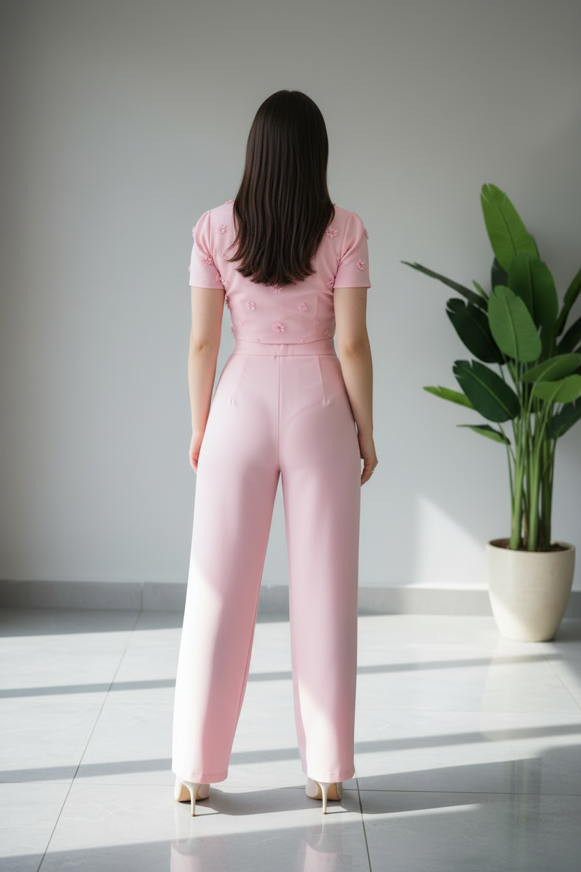 Conjunto Elegante Rosa: Top Crop con Flores 3D + Pantalón Pierna Ancha cod.310
