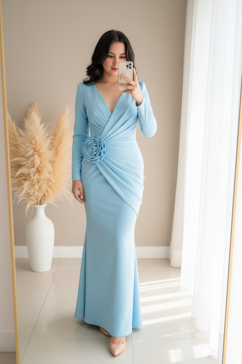 Vestido Azul Cielo Manga Larga Sirena Rosa D cod.0099