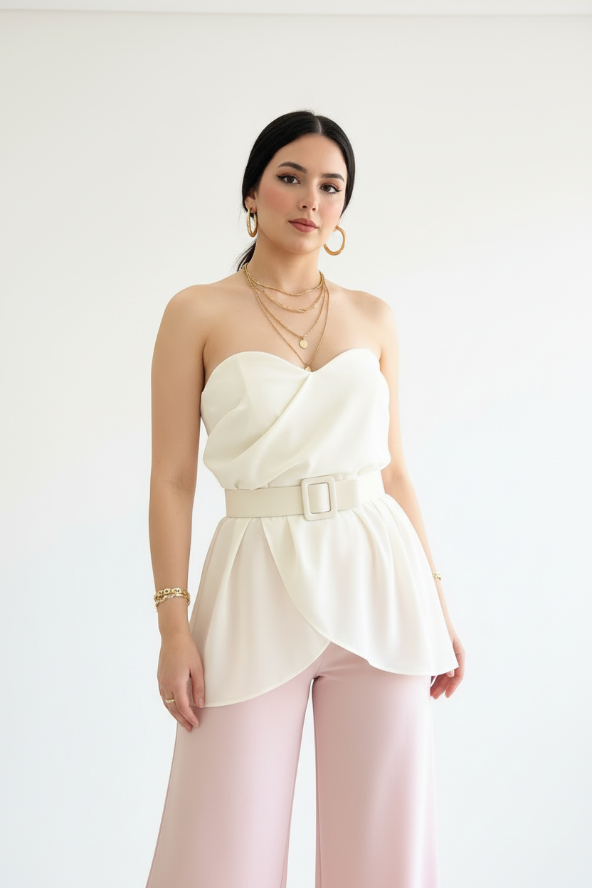 Blusa Peplum Marfil Strapless con Cinturón - Elegante y Sofisticada cod.308