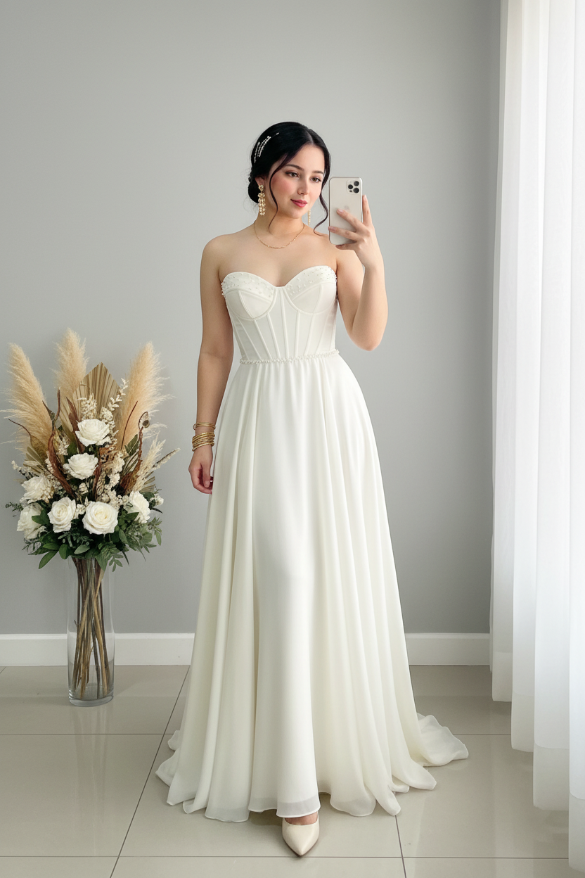 Vestido Blanco Strapless Corset Chiffon Fluido cod.V391