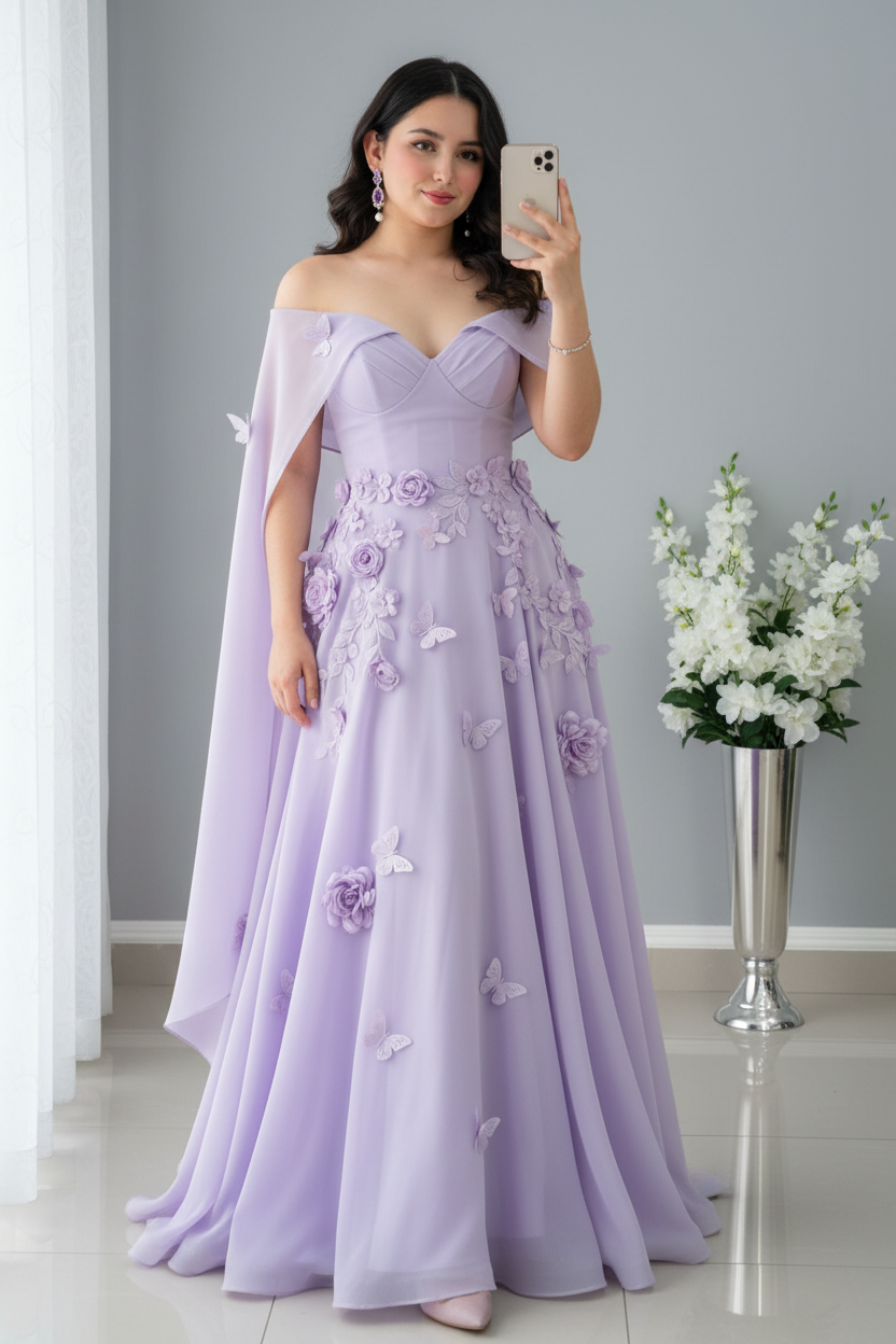 Vestido Lila Mariposas y Rosas 3D — Gala y Eventos Formales cod.0054