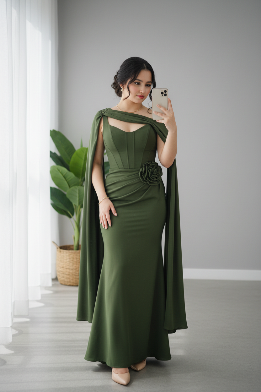 Vestido Verde Olivo Sirena con Capa y Rosa 3d cod.718