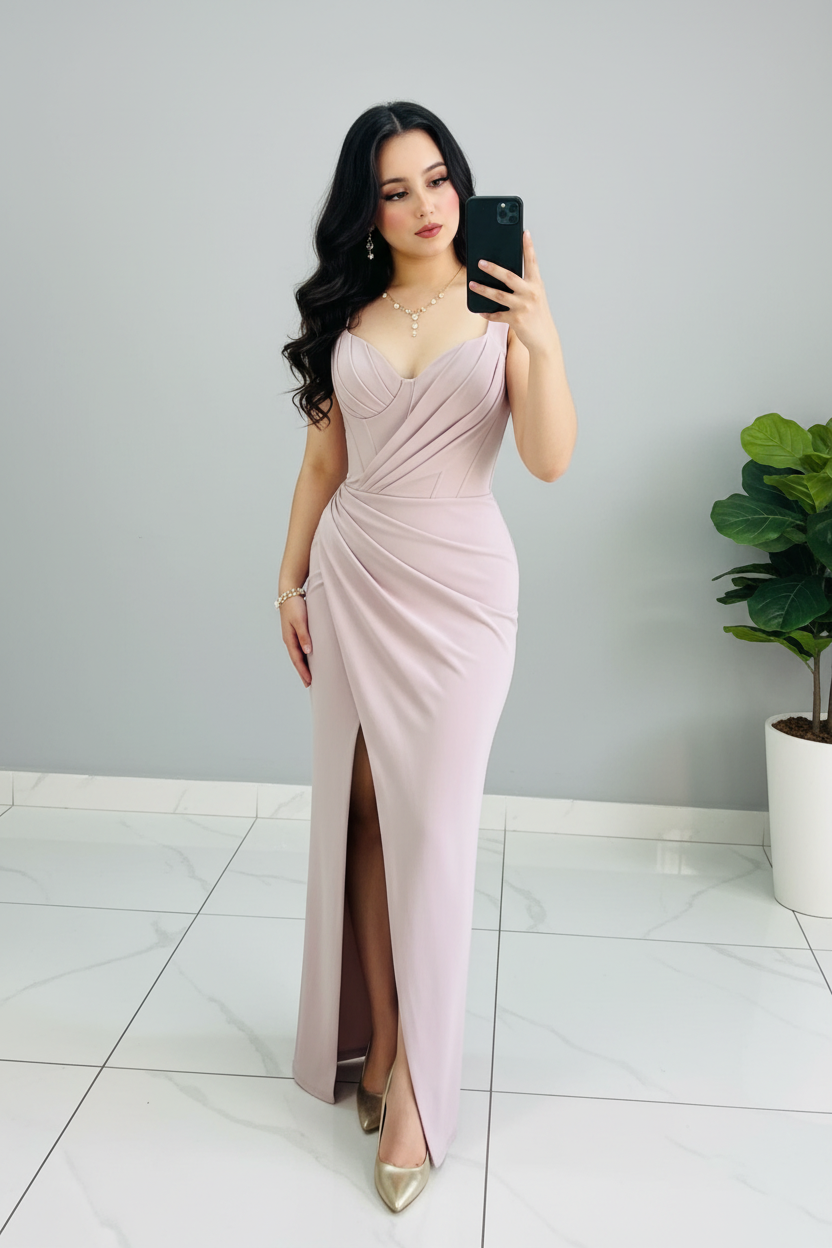 Vestido Formal Blush Rosa Palo Escote V con Drapeado Diagonal y Abertura Frontal cod.559