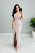 Vestido Formal Blush Rosa Palo Escote V con Drapeado Diagonal y Abertura Frontal cod.559
