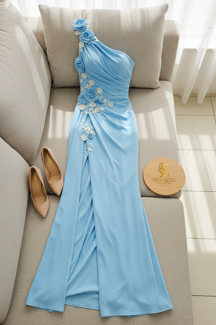 Vestido Largo Azul Cielo Un Hombro con Rosas 3D y Abertura Frontal cod.475