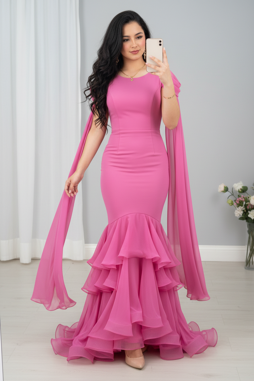 Vestido rosa fucsia sirena capa gasa volantes en capas C.1943
