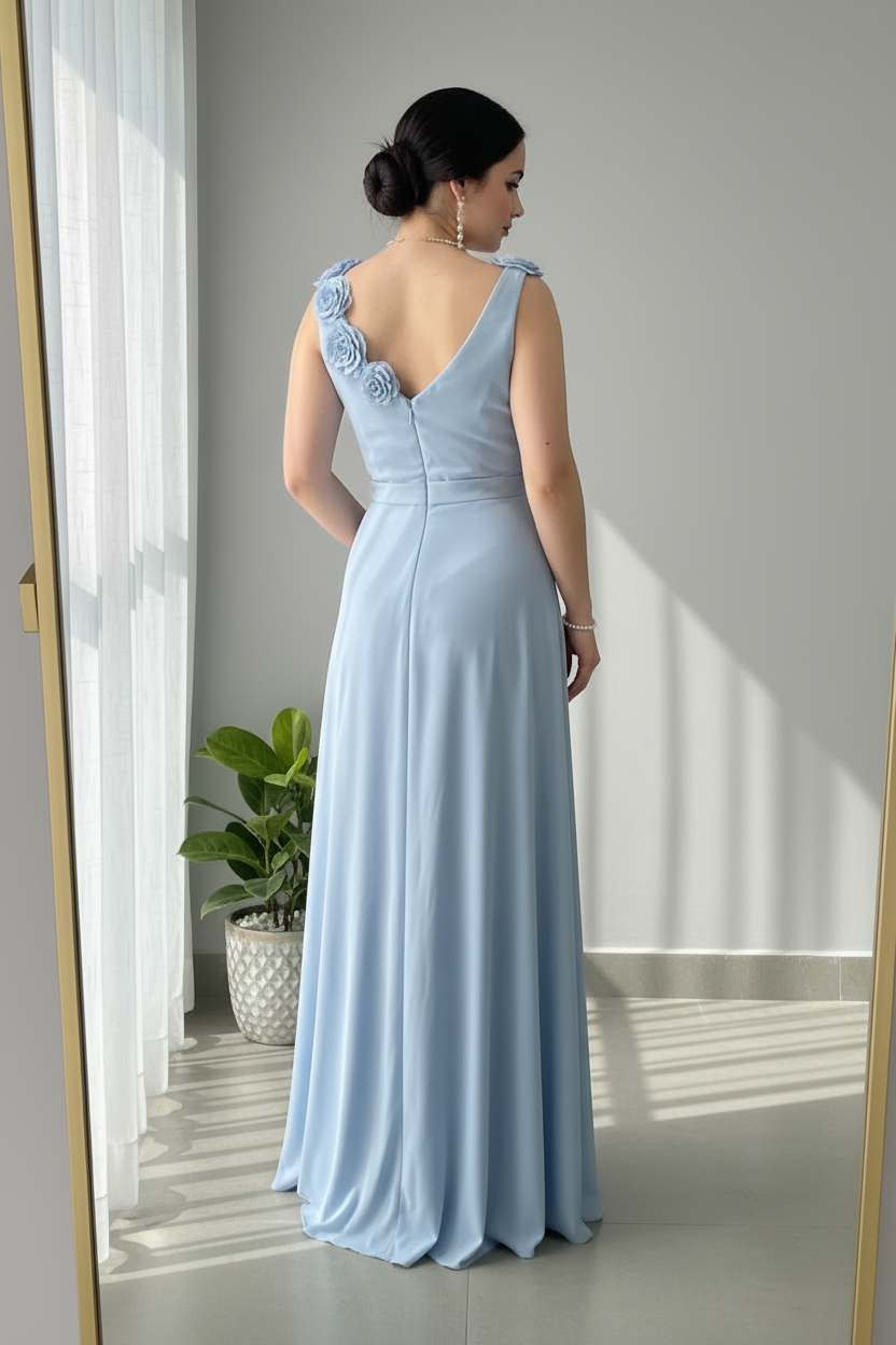 Vestido Azul Cielo Rosas 3D Abertura Lateral cod.V001