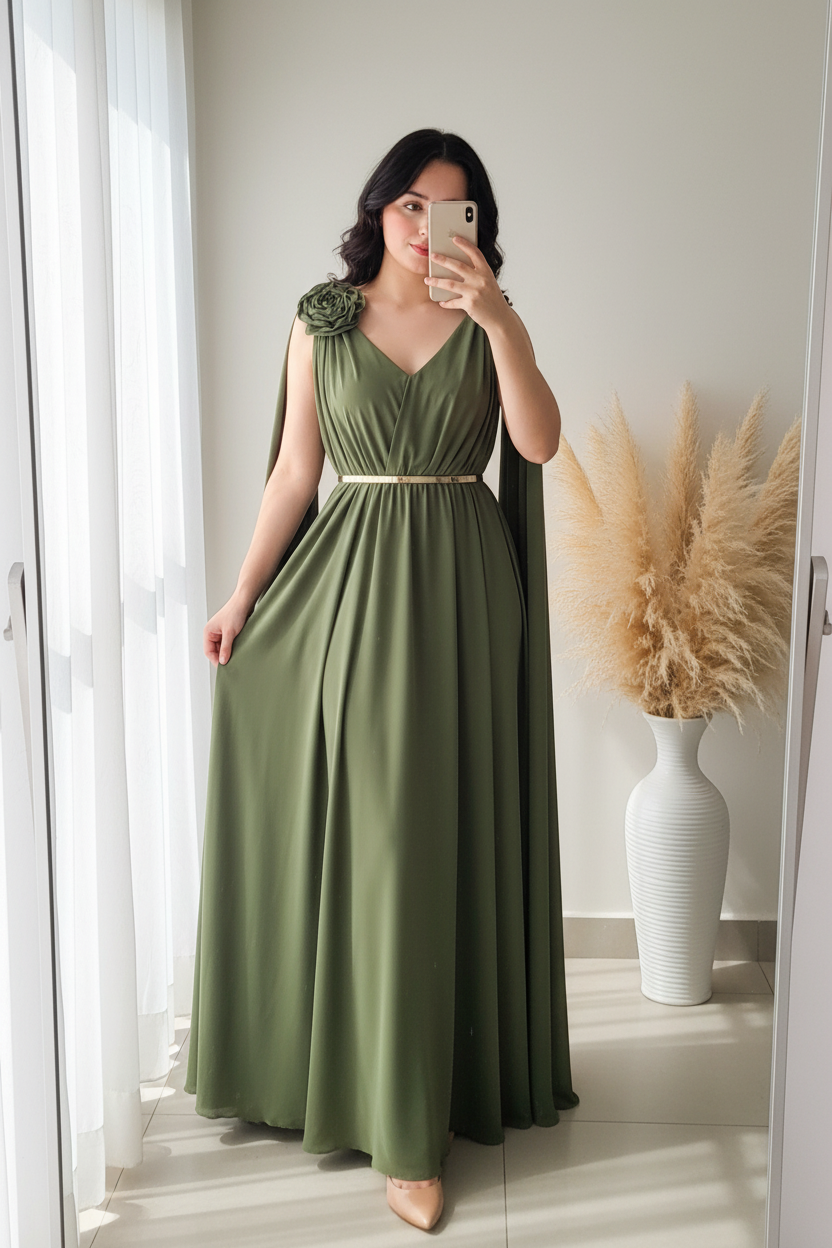Vestido Verde Olivo Chiffon Escote V con Capa y Rosa cod.0095