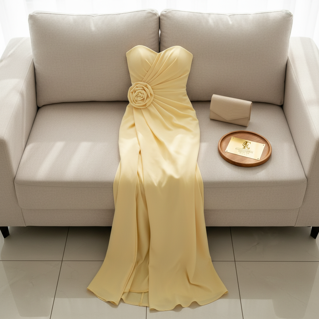 Vestido Largo Amarillo Pastel Strapless con Rosa 3D y Abertura Frontal cod.435