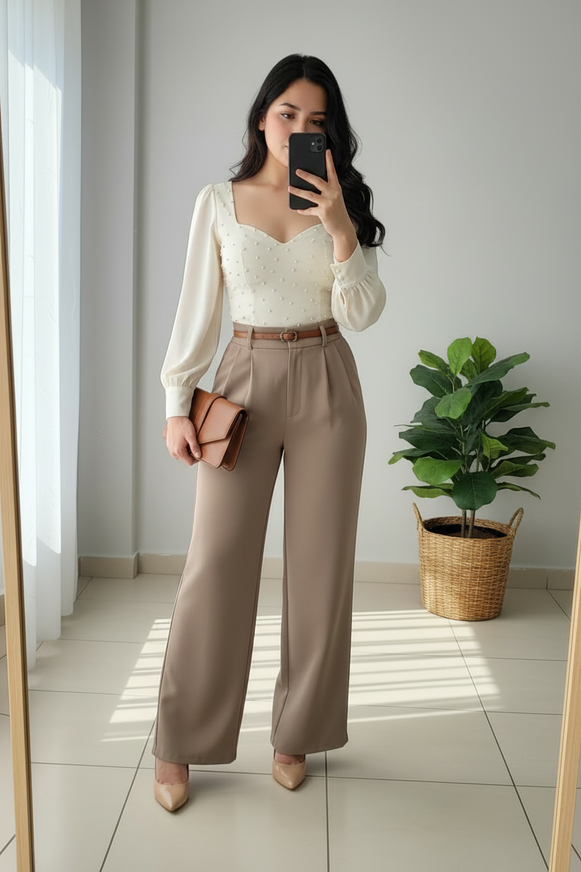 Conjunto 2 Piezas Top Crema Perlas y Pantalón Palazzo Beige cod.00130