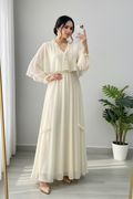 Vestido Crema Marfil Bohemio Escote V Ruffle Capa Gasa Manga Abullonada Falda A-line Volante cod.845