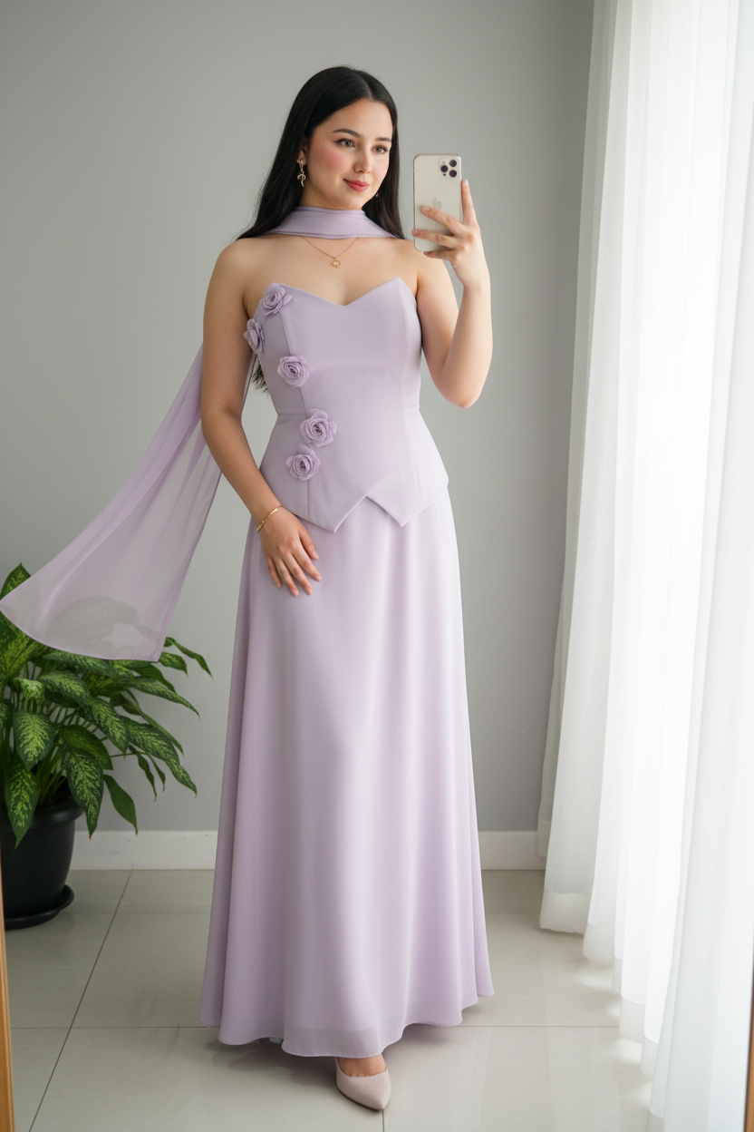 Conjunto Lila Lavanda Corset con Rosas 3D y Capa
