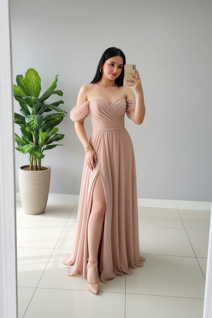 Vestido Rosa Blush Off-Shoulder con Mangas Globo y Abertura Lateral cod.373
