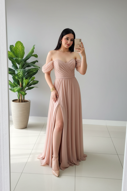 Vestido Rosa Blush Off-Shoulder con Mangas Globo y Abertura Lateral cod.373