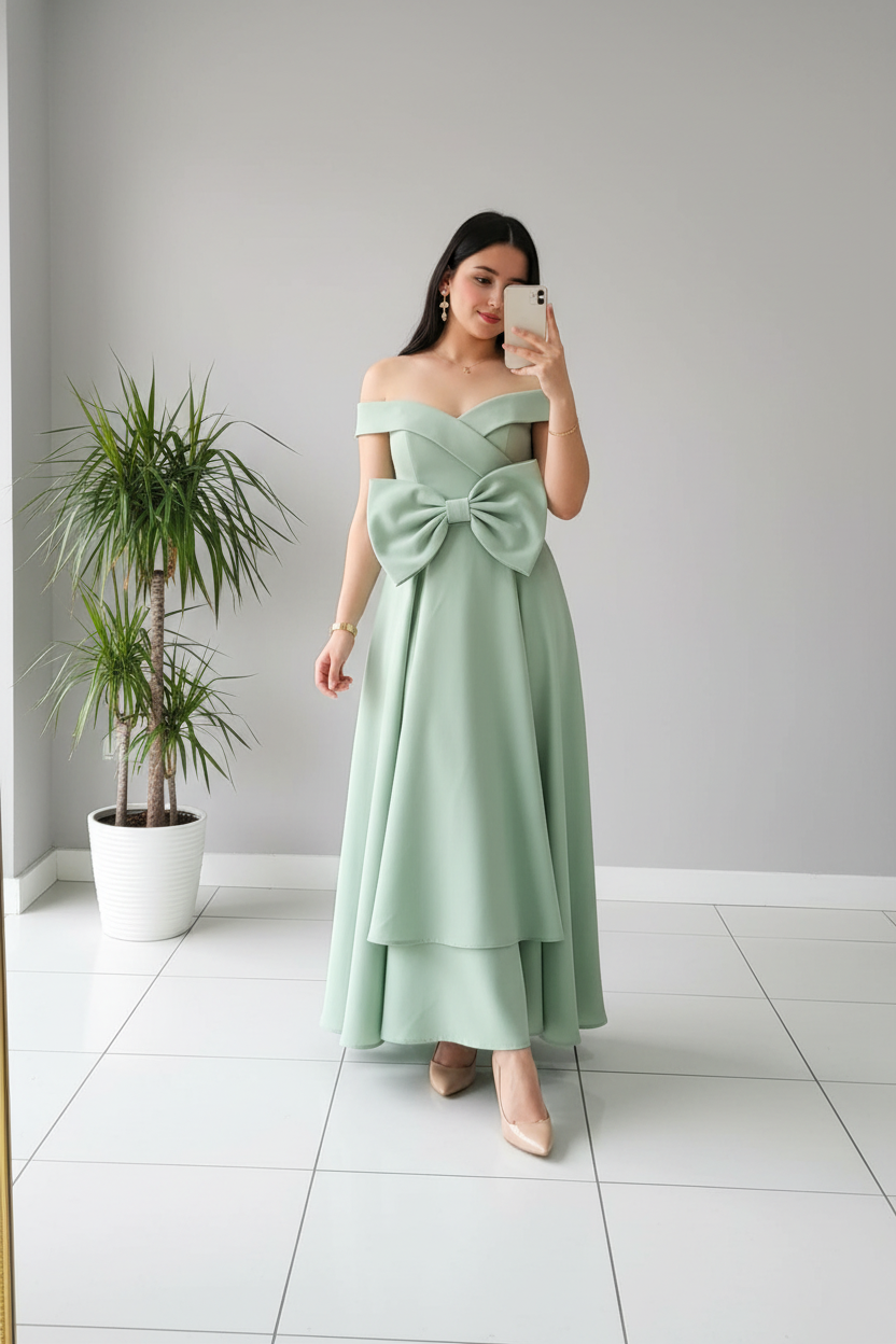 Vestido de Gala Verde Menta Off-Shoulder con Moño Gigante y Falda en Capas - Elegante Largo cod.363