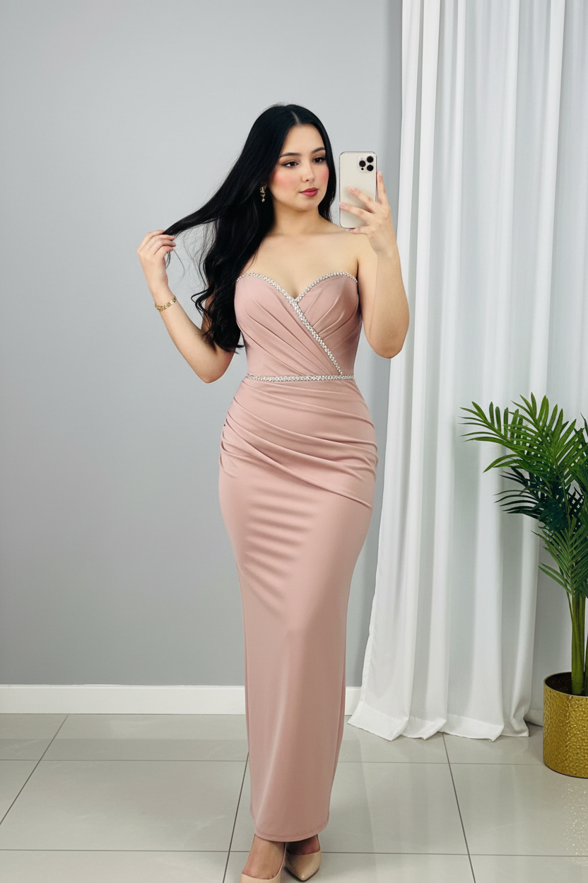 Vestido Rosa Palo Strapless con Cadena de Cristales cod.0065