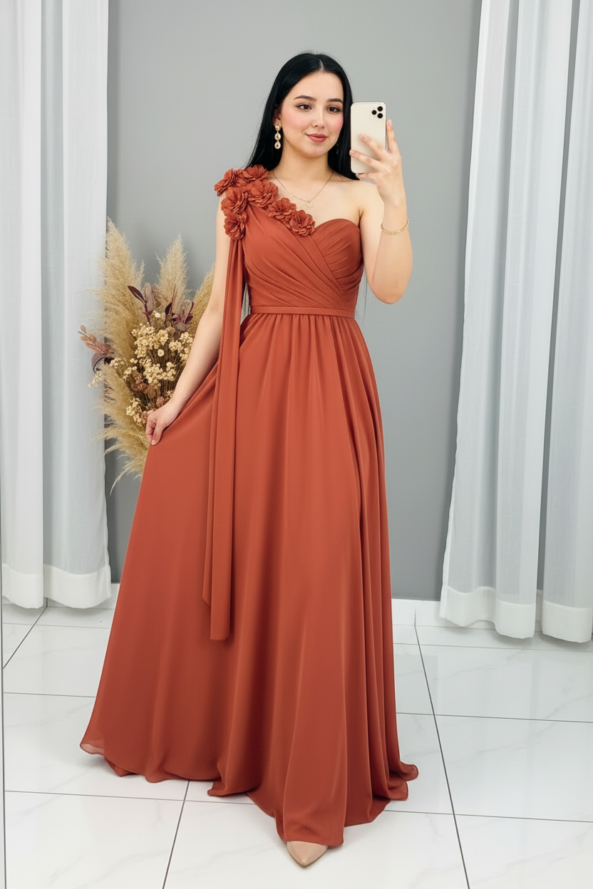 Vestido Terracota Largo Un Hombro Rosas 3D Falda Evasé cod.V298