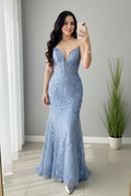 Vestido Azul Cielo Sirena Strapless Encaje Floral Bordado cod.V686