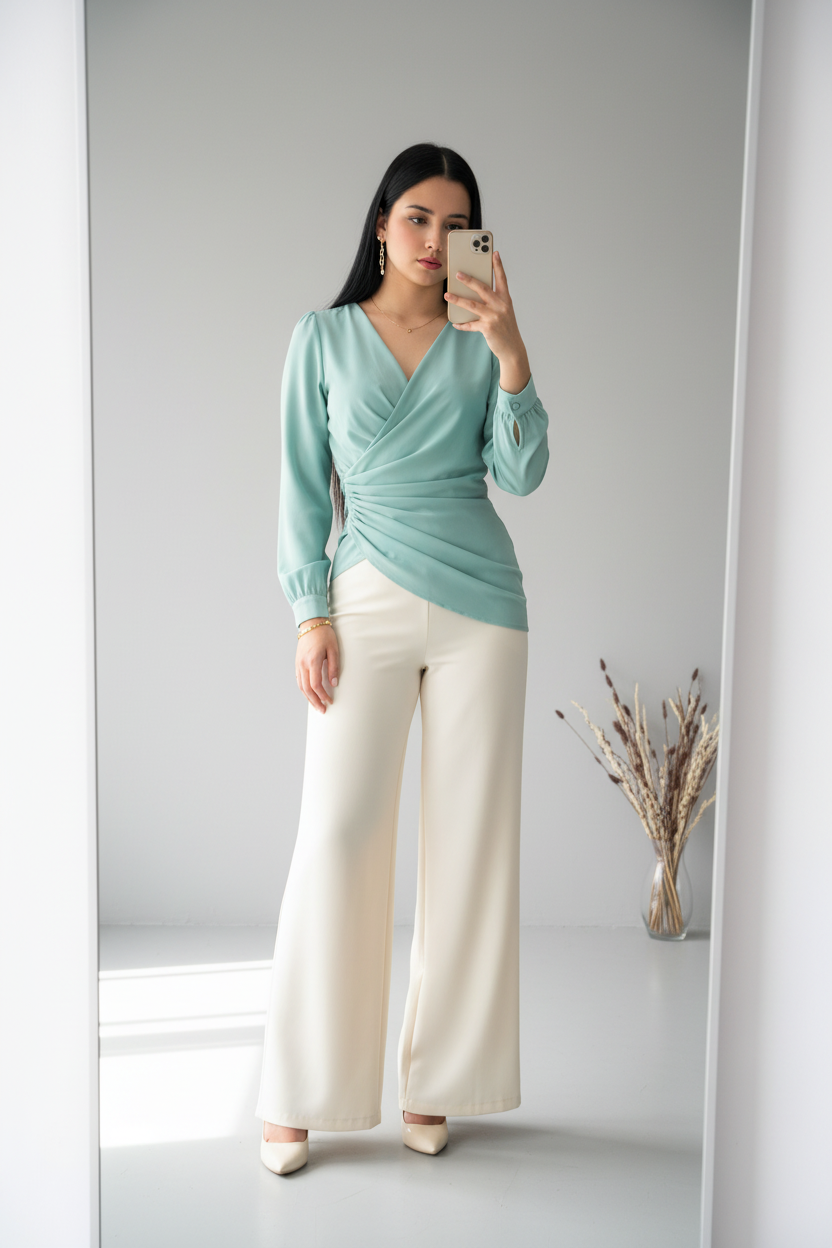 Conjunto Blusa Menta Wrap Manga Globo y Pantalón Palazzo Blanco cod.C554