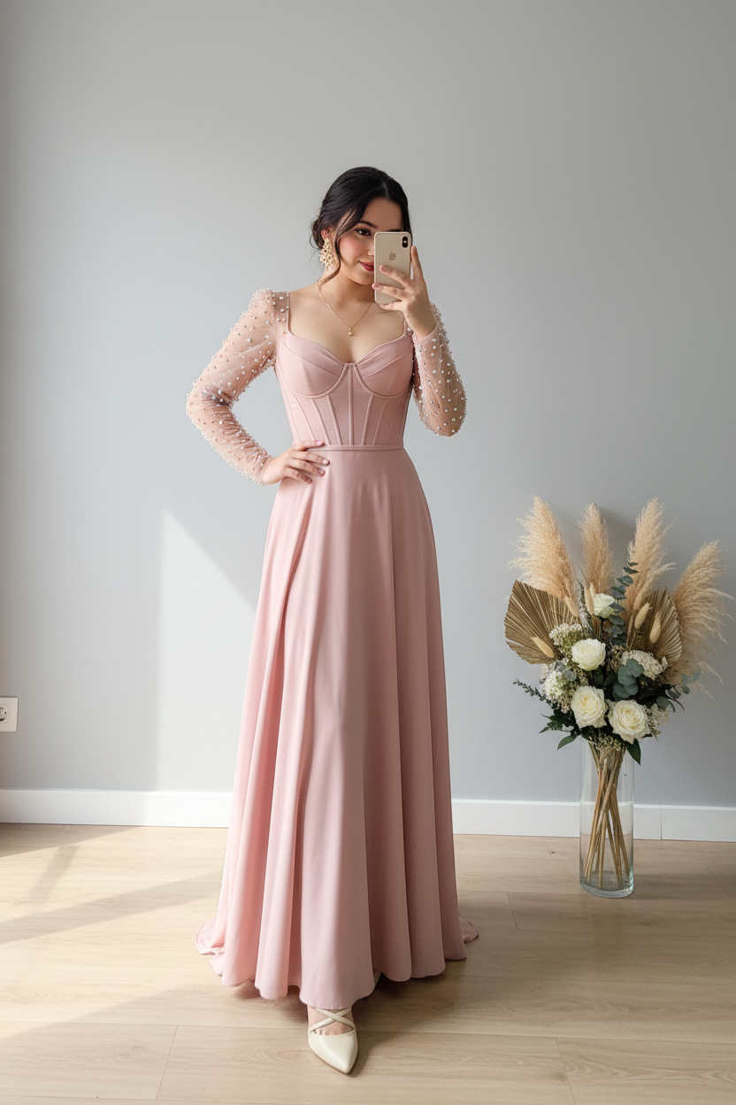 Vestido Rosado Corset con Mangas de Perlas