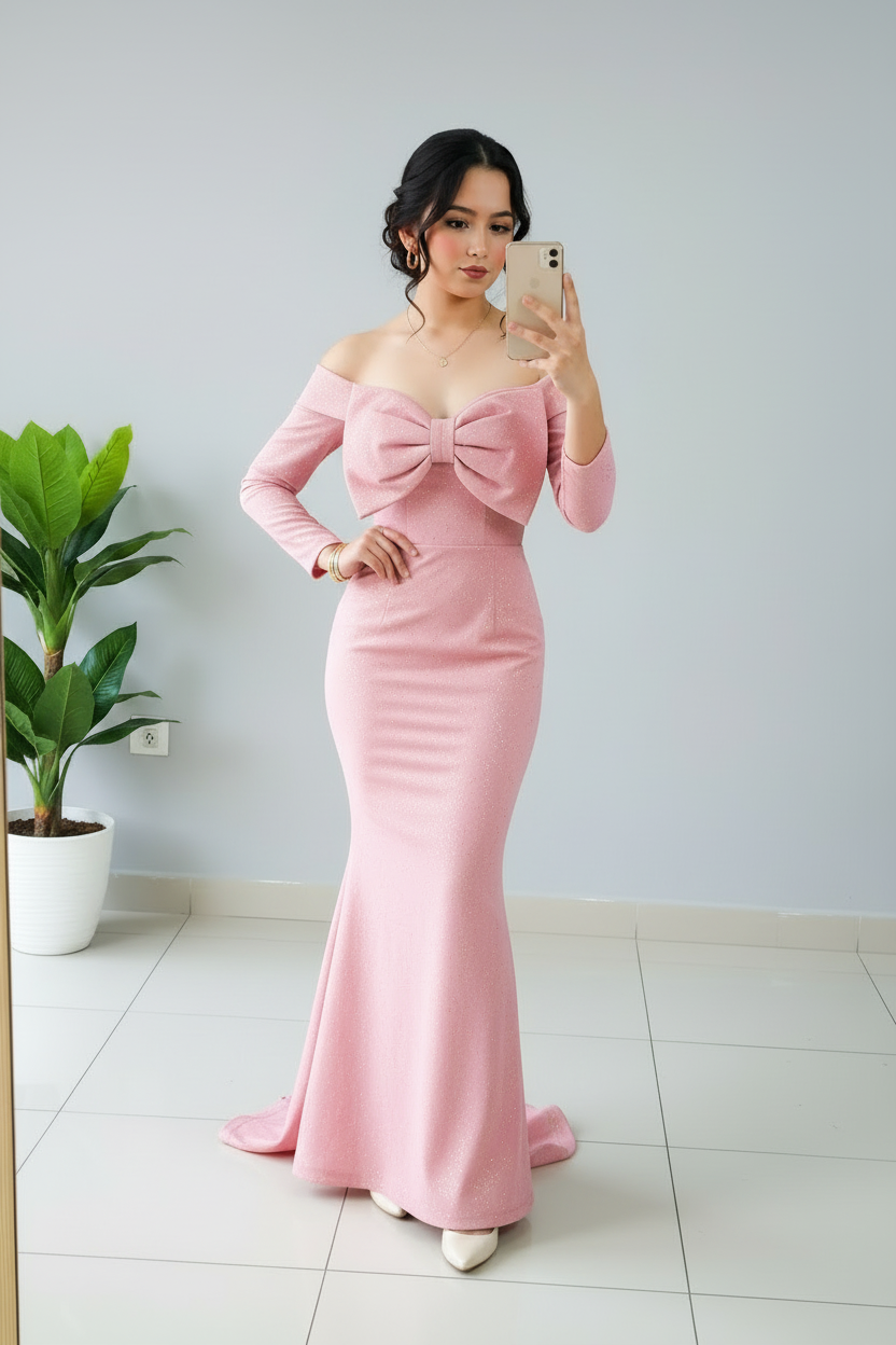 Vestido Formal Rosa Off-Shoulder Manga Larga con Lazo y Cola Sirena cod.510