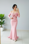 Vestido Formal Rosa Off-Shoulder Manga Larga con Lazo y Cola Sirena cod.510